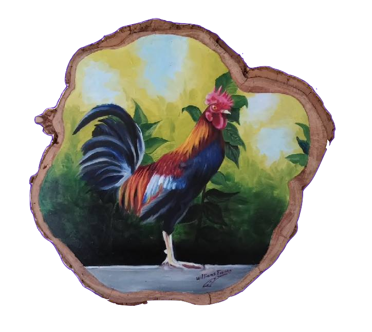 Gallo en rodaja de madera