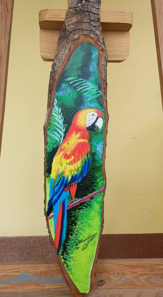 Guacamaya en rodaja de madera